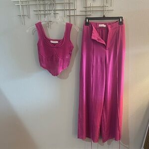 Pink Knit Crop Top and Wide-Leg Pants Set